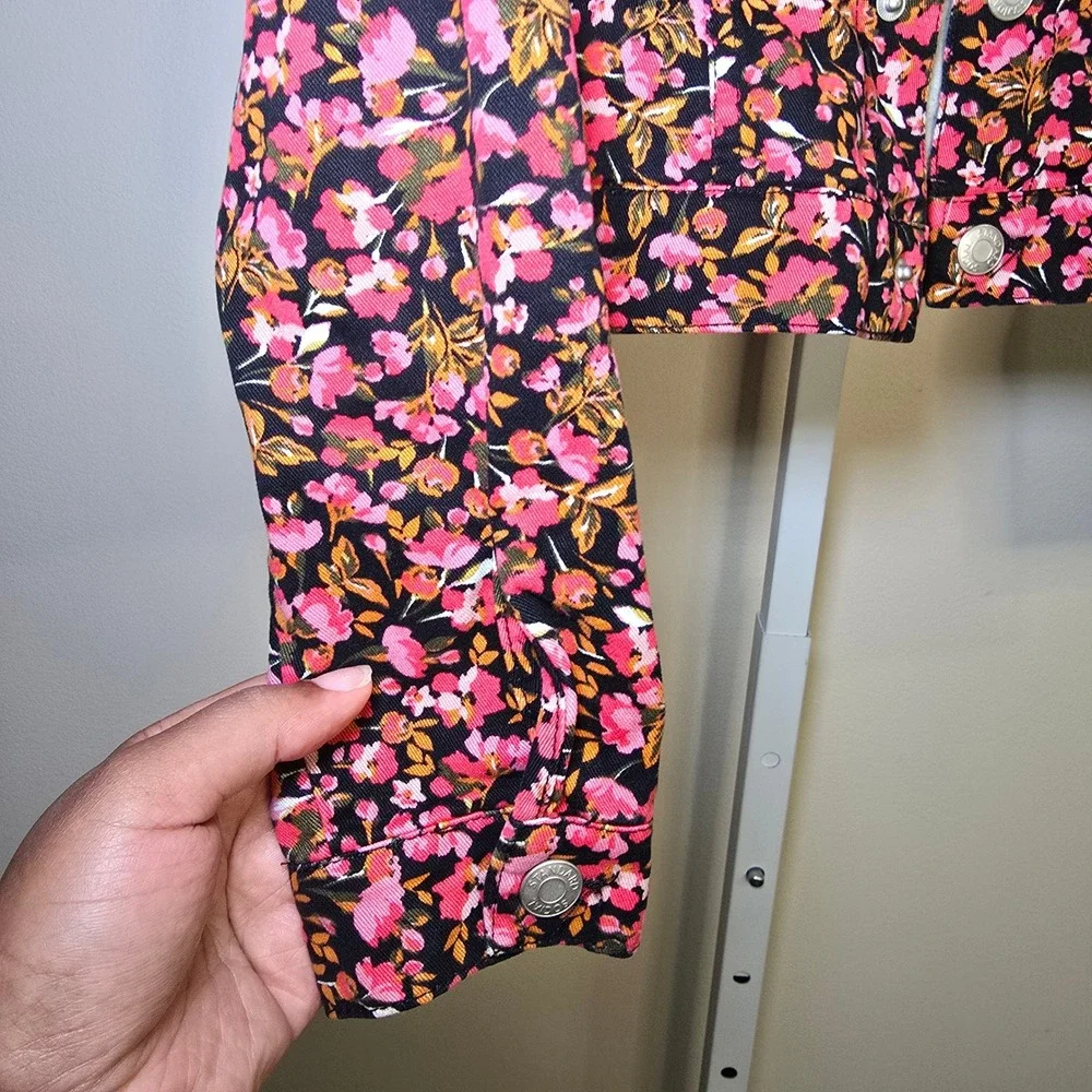Social Standard by Sanctuary Girls Floral Denim Jacket Pink Orange Black Size 8